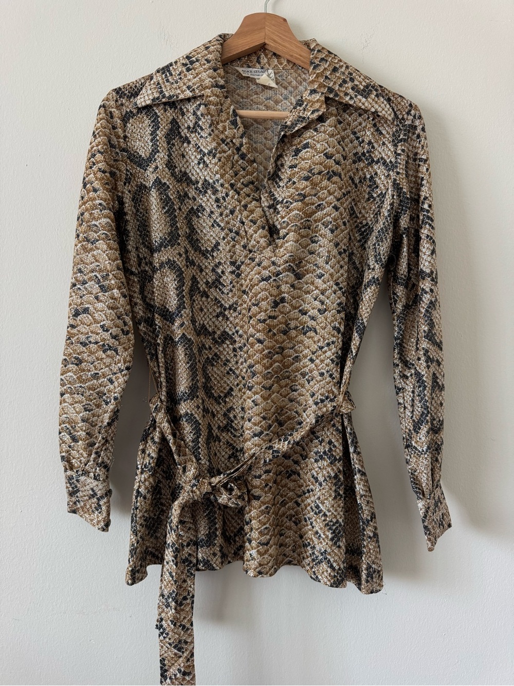 Vintage Alice Stuart Snakeskin Print Wrap Blouse US 8 Tie Waist 80s Glam